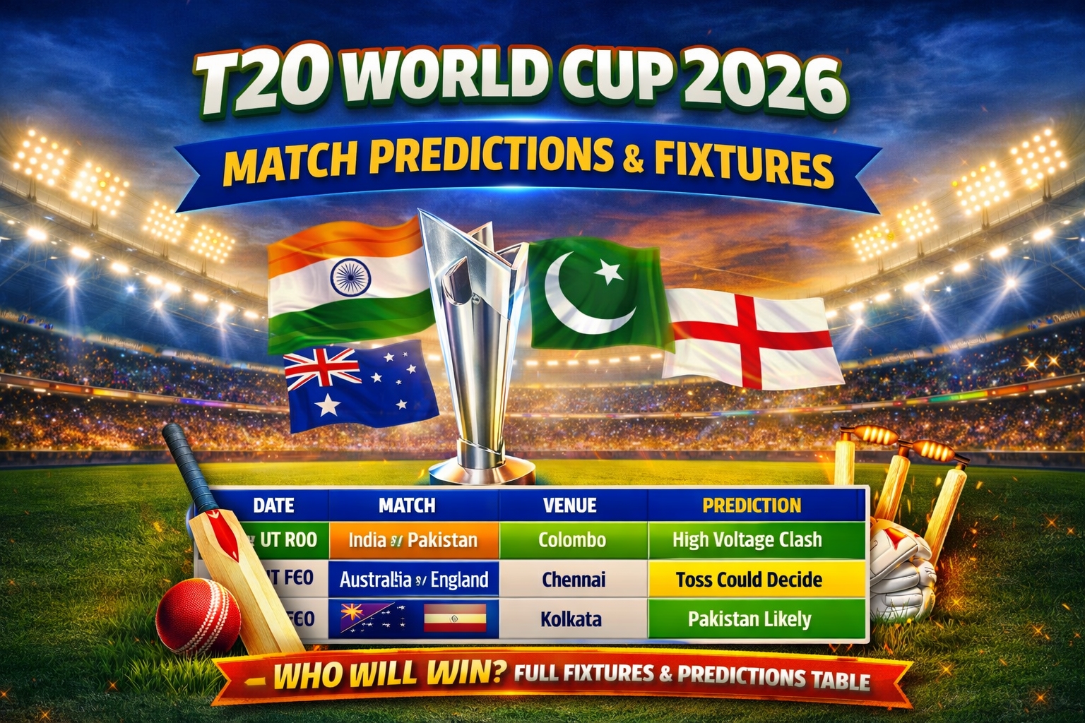 T20 World Cup 2026 – Complete Match Predictions & Fixtures Table